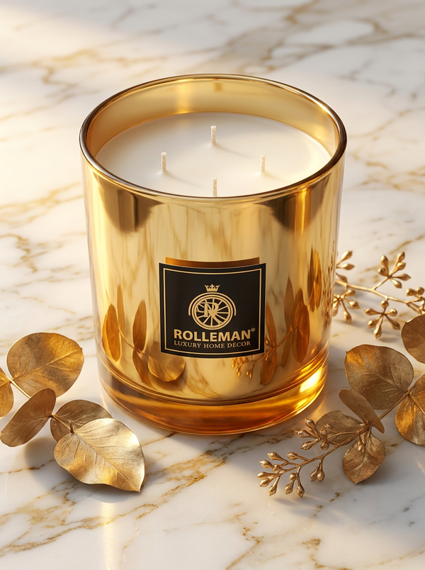 La Grande Dame — Luxuriöse Duftkerze | 2.200 Gramm | 4 Dochte | Goldenes Glasgefäß | ROLLEMAN® | Handgefertigt in Frankreich