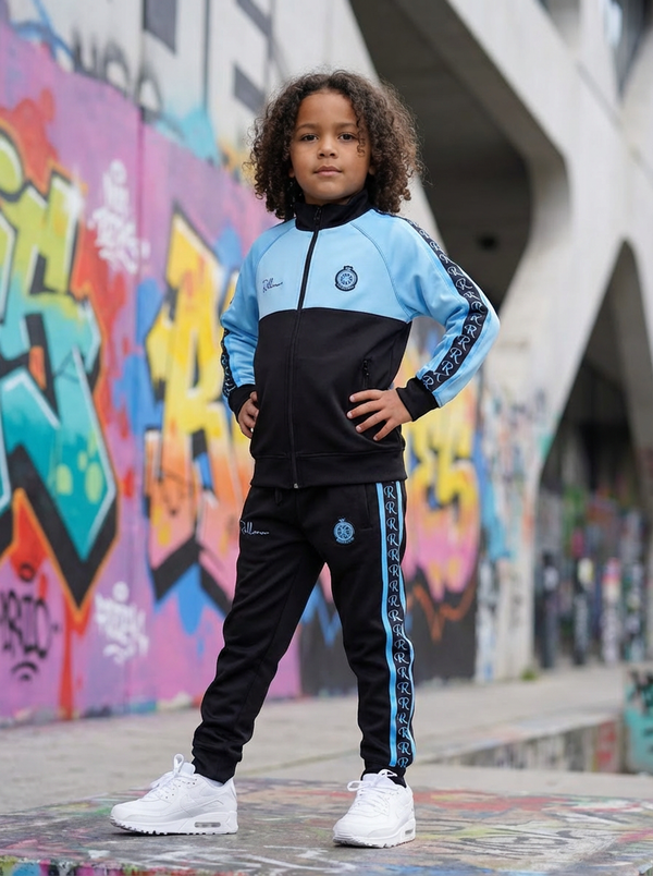 Zeno Two-Piece Tracksuit for Kids — Black with Turquoise