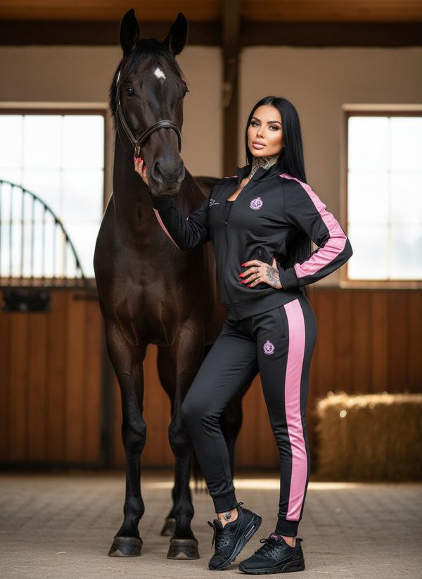Queenie Zweiteiliger Trainingsanzug für Damen - Schwarz mit rosa Streifen