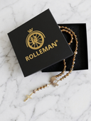 Ave Maria Nomaden-Rosenkranz | Zigeunerwagen | Schwarz/Gold/Bronze mit weißen Perlen