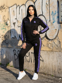 Rozsa Zweiteiliger Trainingsanzug für Damen - Schwarz mit Lila Streifen