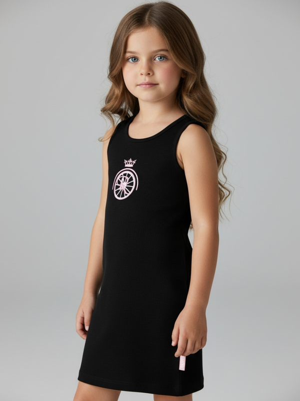 Kira Dress - Kids, dress with pink embroidered logo