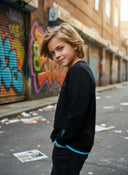 Sweater Tjabo - Kids, zwart met turquoise accenten